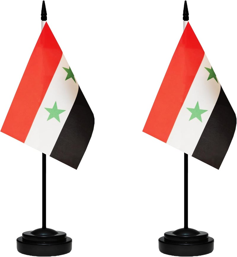 tibijoy Syria Syrian Small Mini Desk Flag Set Miniature Syria Syrian Table Office Flag with 13" Black Pole, Black Base, Miniature Syria Deluxe Desktop Flag(2 Pack) - Image 1